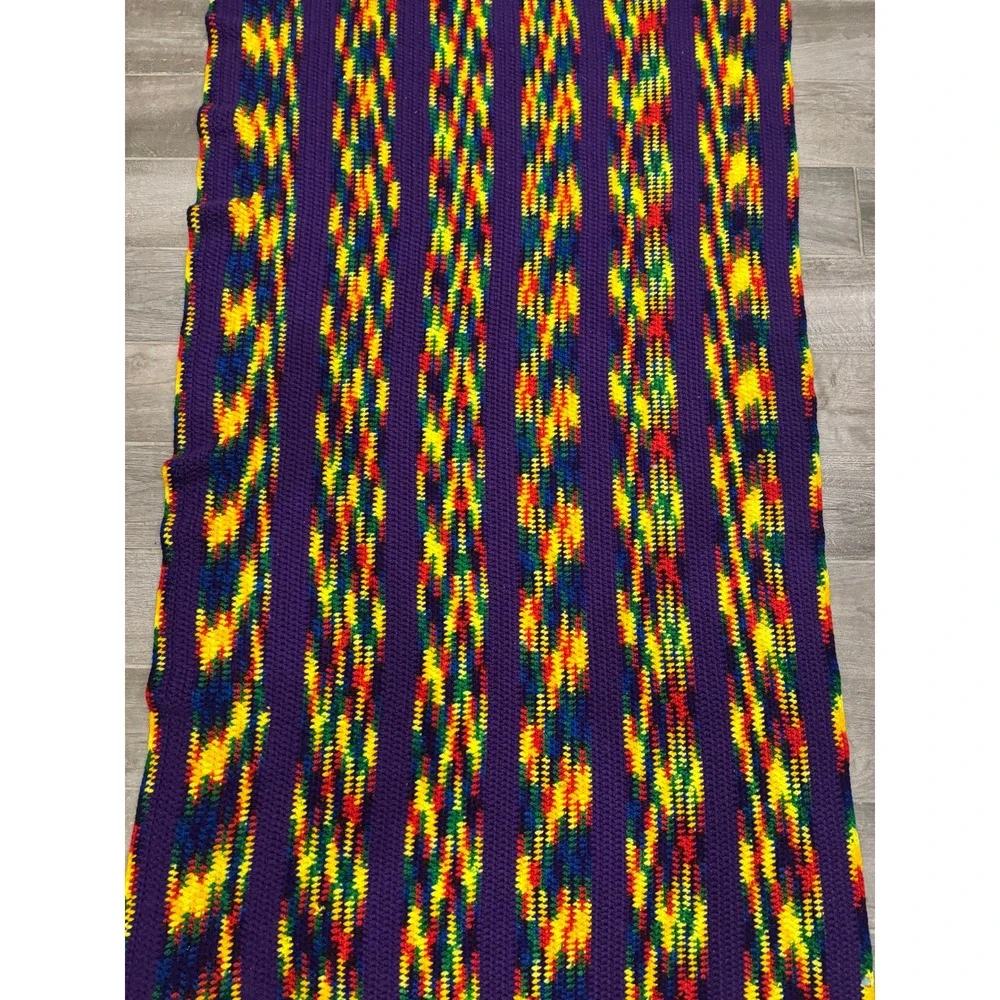 Handmade Crochet Afghan Blanket Large Purple Multi Color Retro Striped Cozy Boho